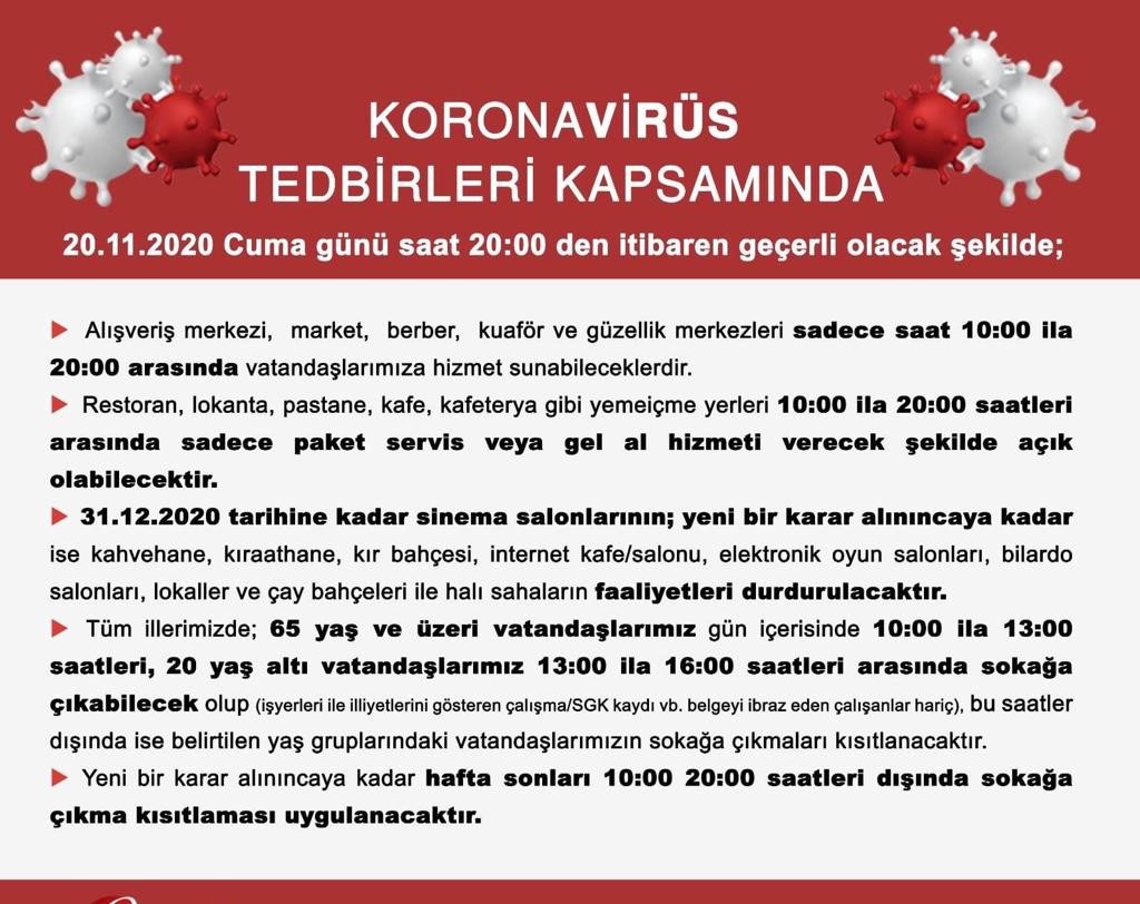 20.11.2020'den Saat 20.00'den İtibaren Geçerli Koronavirüs Tedbirleri